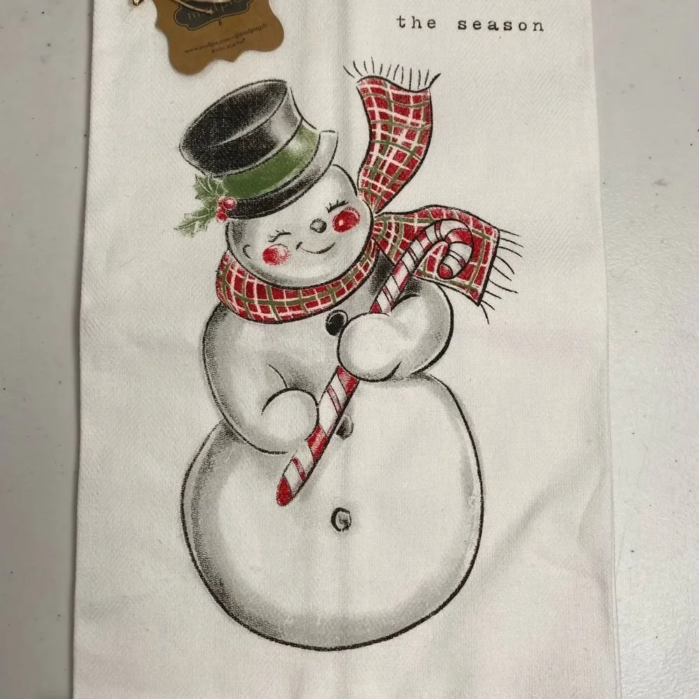 NWT Mudpie Celebrate The Season Snowman Printed Kitchen Towel